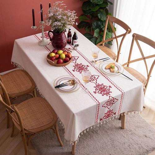 跨境新款厂家北欧茶几桌布布艺美式清新台布桌旗纯色绣花仿亚麻