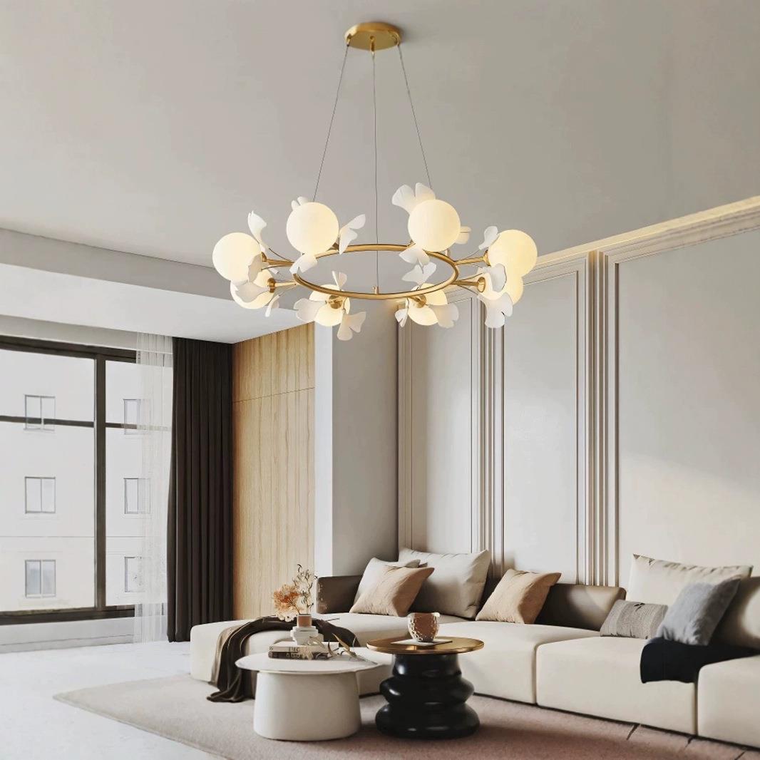 全铜新款奶油风客厅吊灯北欧银杏叶餐厅灯现代简约卧室玻璃分子灯