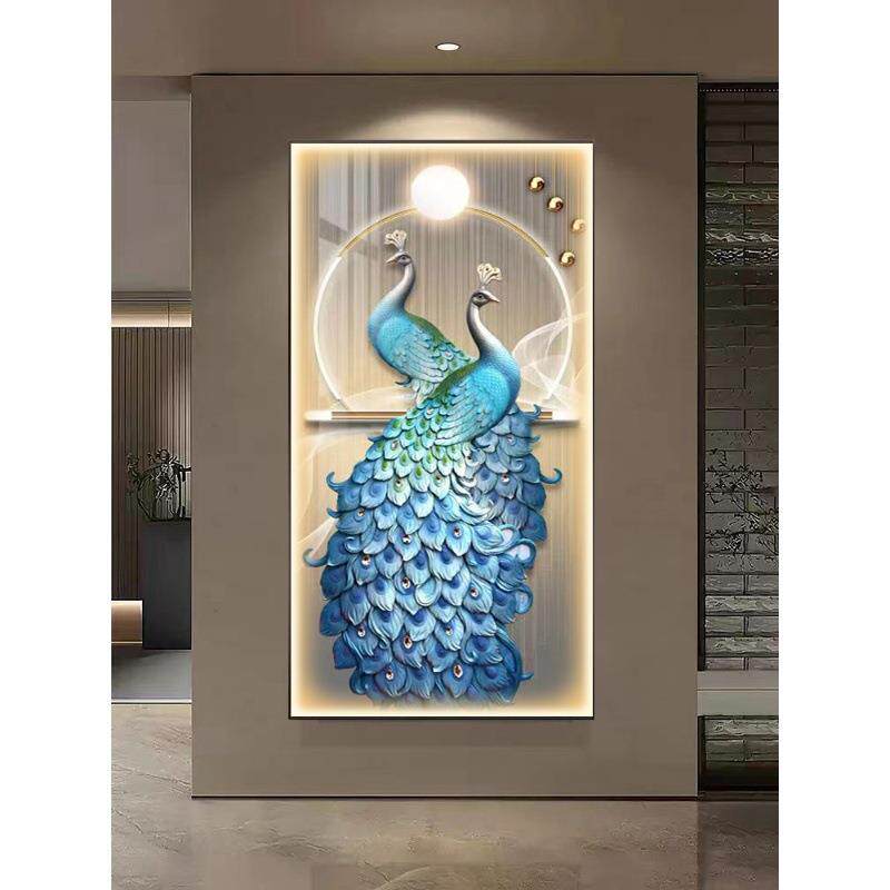 声控玄关画发光灯画入户玄关装饰画孔雀过道壁画羽毛正对门风水画