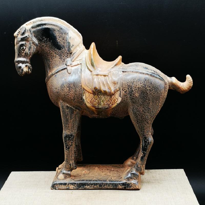 唐三彩黑釉战马仿博物馆出土瓷器居家做旧装饰品老货马到成功摆件