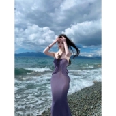 高级感紫色抹胸连衣裙女御姐设计感假两件包臀裙无袖 抹胸鱼骨裙子