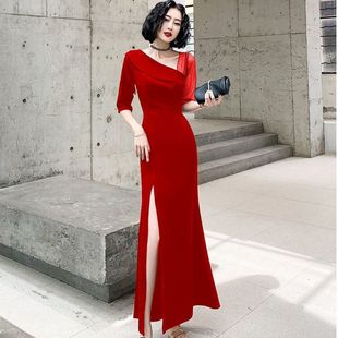 设计感长款连衣裙女2022新款网纱拼接开叉半袖收腰包臀晚礼服裙女