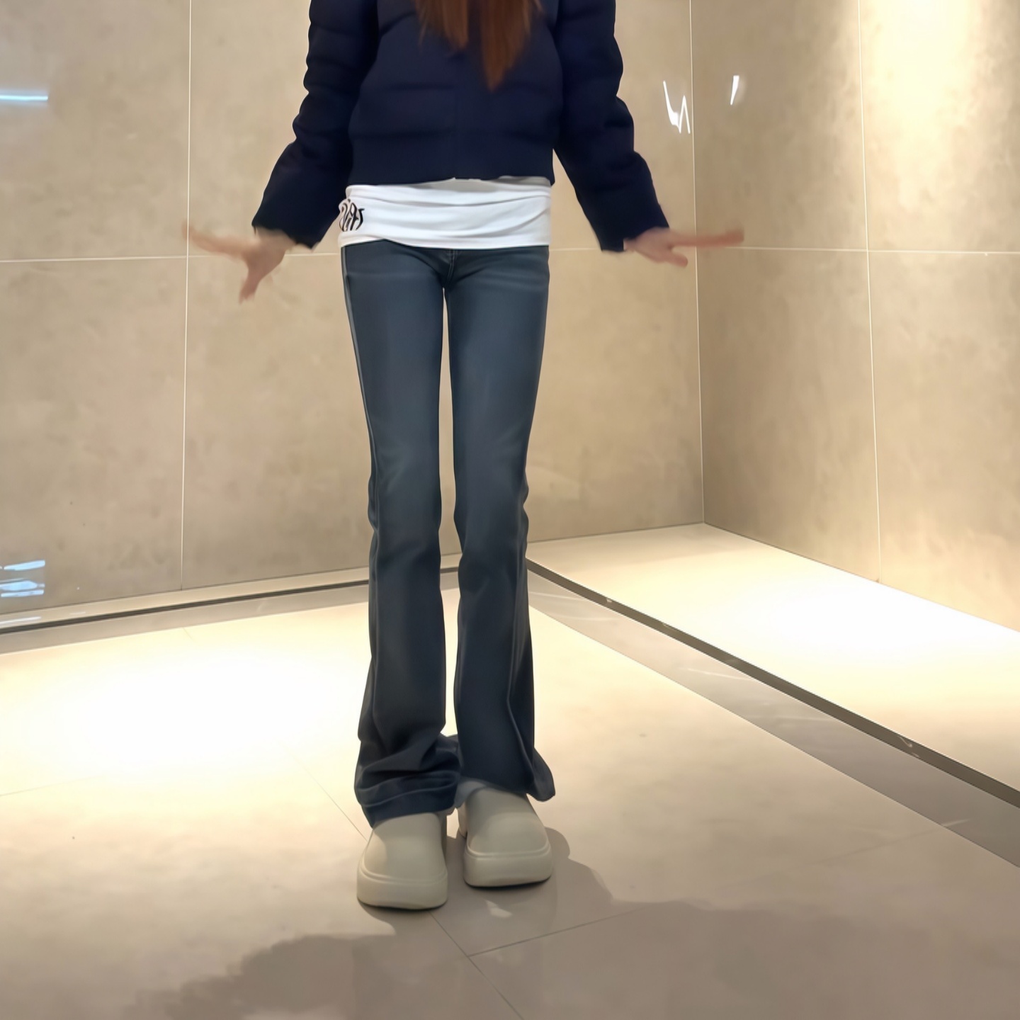 深蓝色水洗微喇女修身显瘦拖地裤