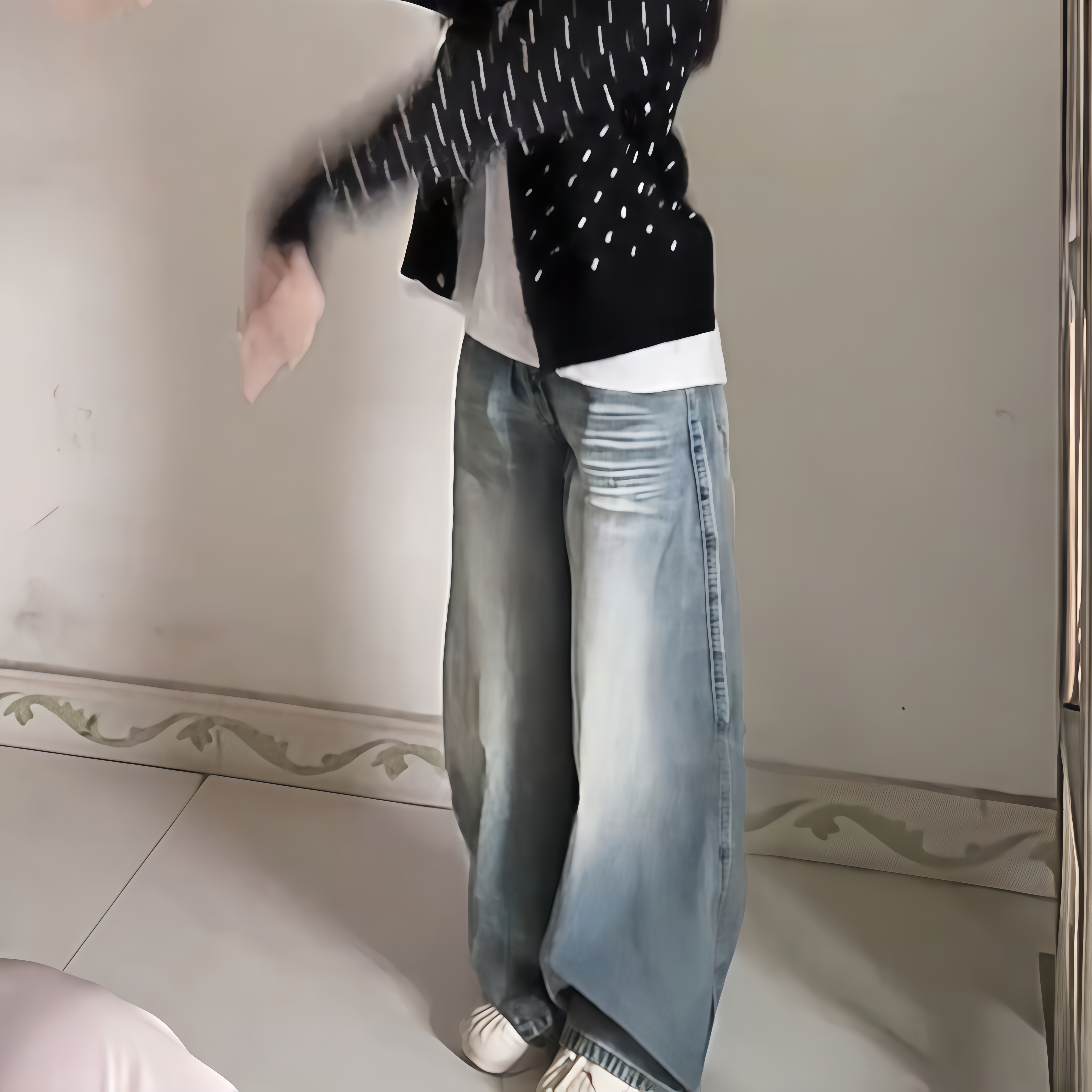 美式水洗弯刀阔腿裤女