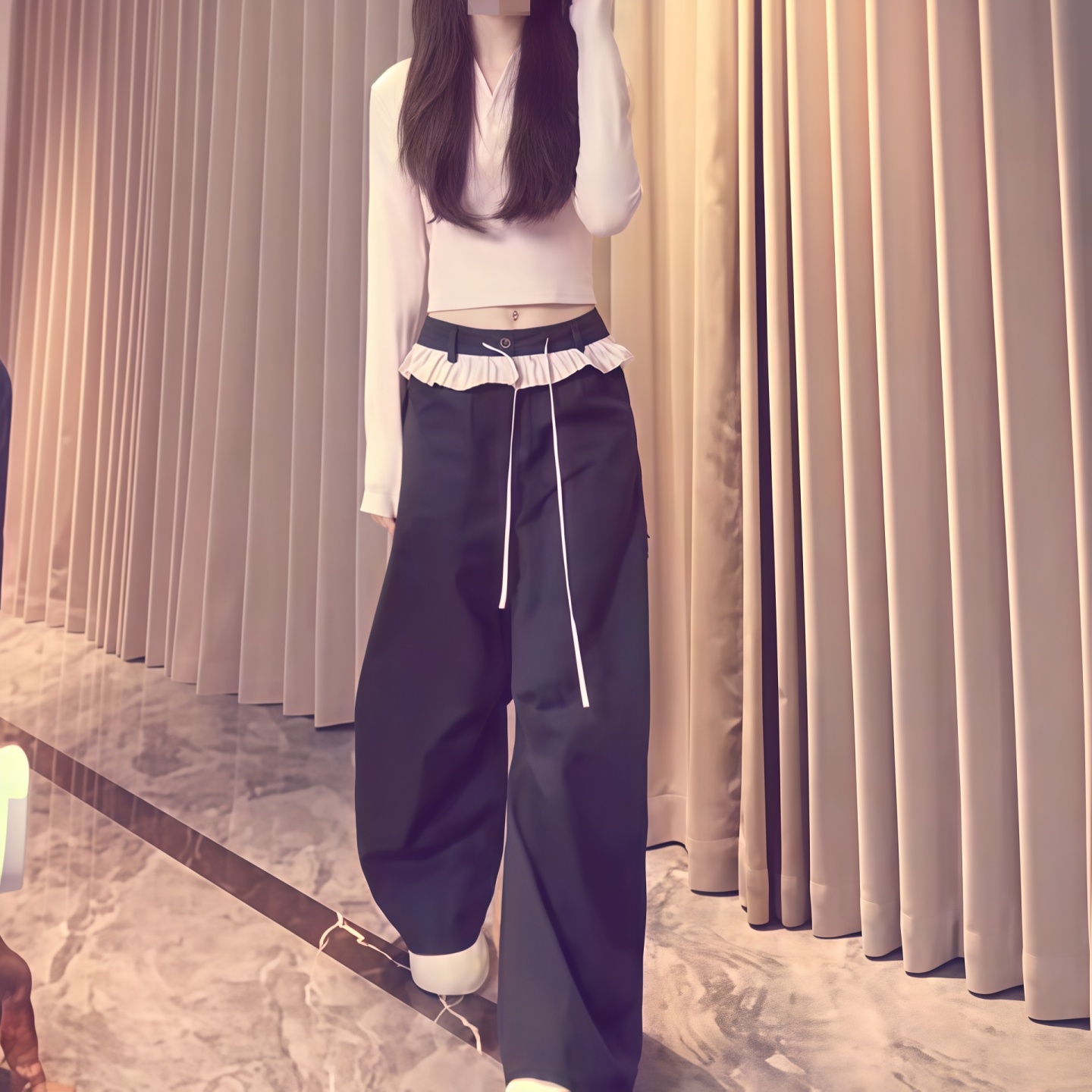 美式蕾丝花边拼接阔腿裤女春夏