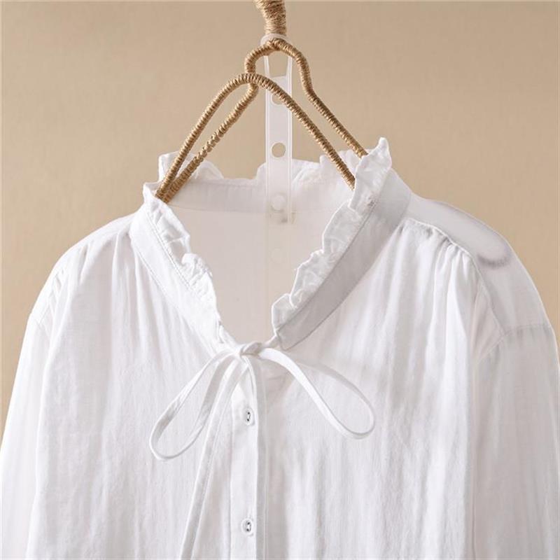 甜美木耳领系带双层棉纱打底衬衫女春秋新款宽松休闲长袖衬衣上衣