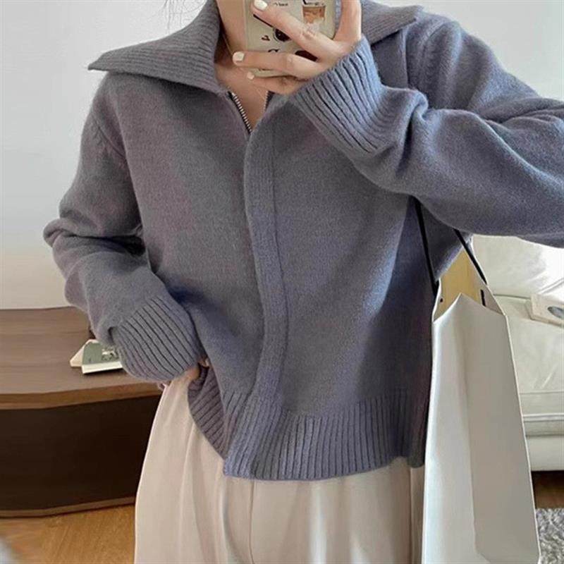 韩系简约风纯色拉链毛衣外套女设计感气质小翻领针织衫开衫秋冬款
