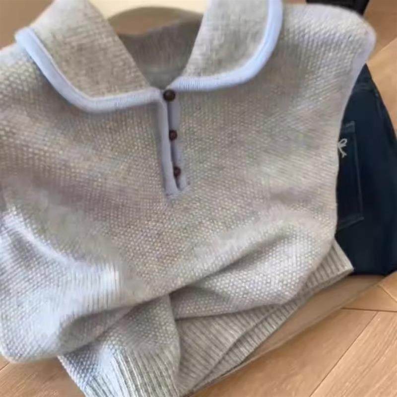 复古甜美 韩国东大门拼色小翻领宽松条纹针织背心女秋冬叠穿毛衣