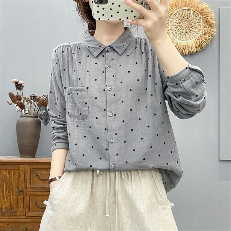 春秋圆点印花磨毛棉长袖衬衫女翻领百搭宽松休闲打底衬衣时尚显瘦