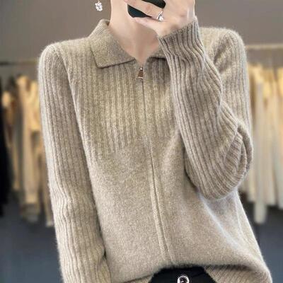 2025秋冬新款羊毛开衫女POLO领拉链加厚外套毛衣羊毛针织上衣