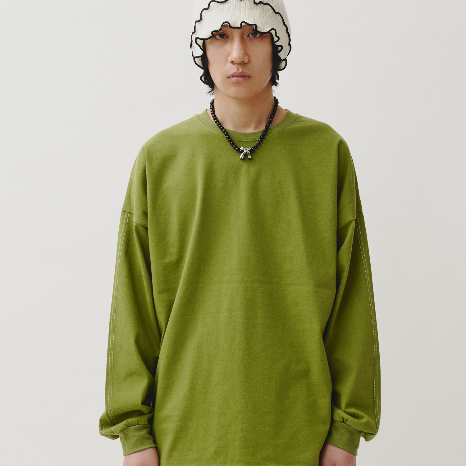 北运日系休闲风圆领卫衣男宽松落肩袖绿色长袖上衣潮