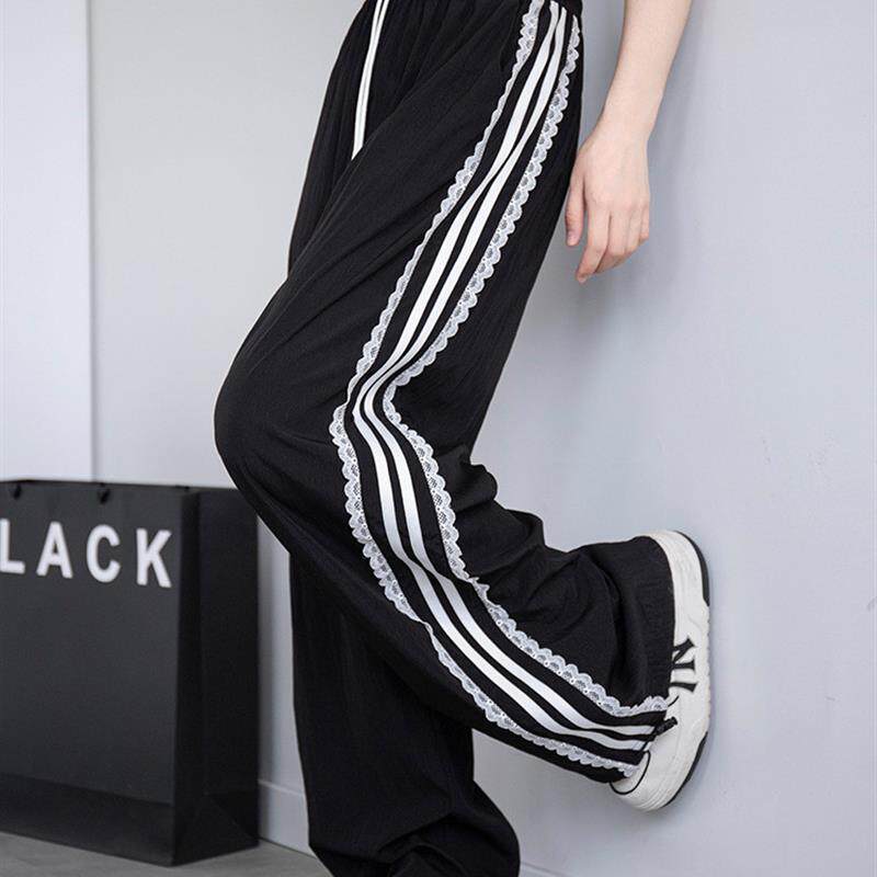 条纹运动裤子女春夏季2026新款阔腿直筒裤休闲宽松小个子蕾丝卫裤