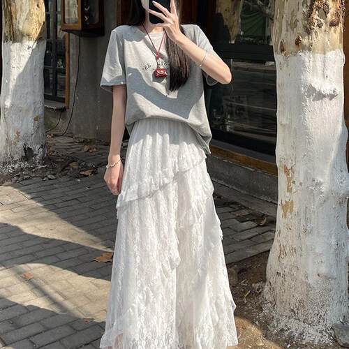 复古拼接斜纹白色蕾丝半身裙女2026早春松紧腰显瘦网纱长裙牛仔