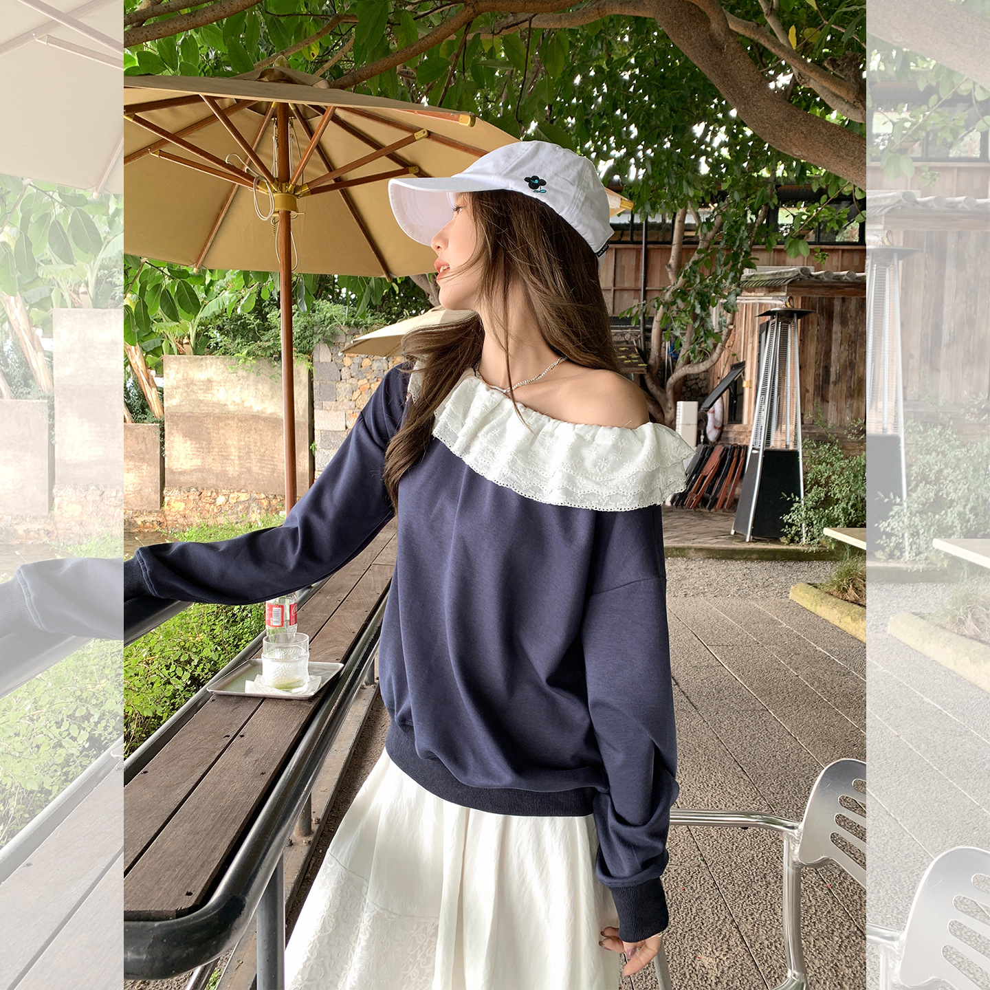 藏青色一字肩蕾丝拼接长