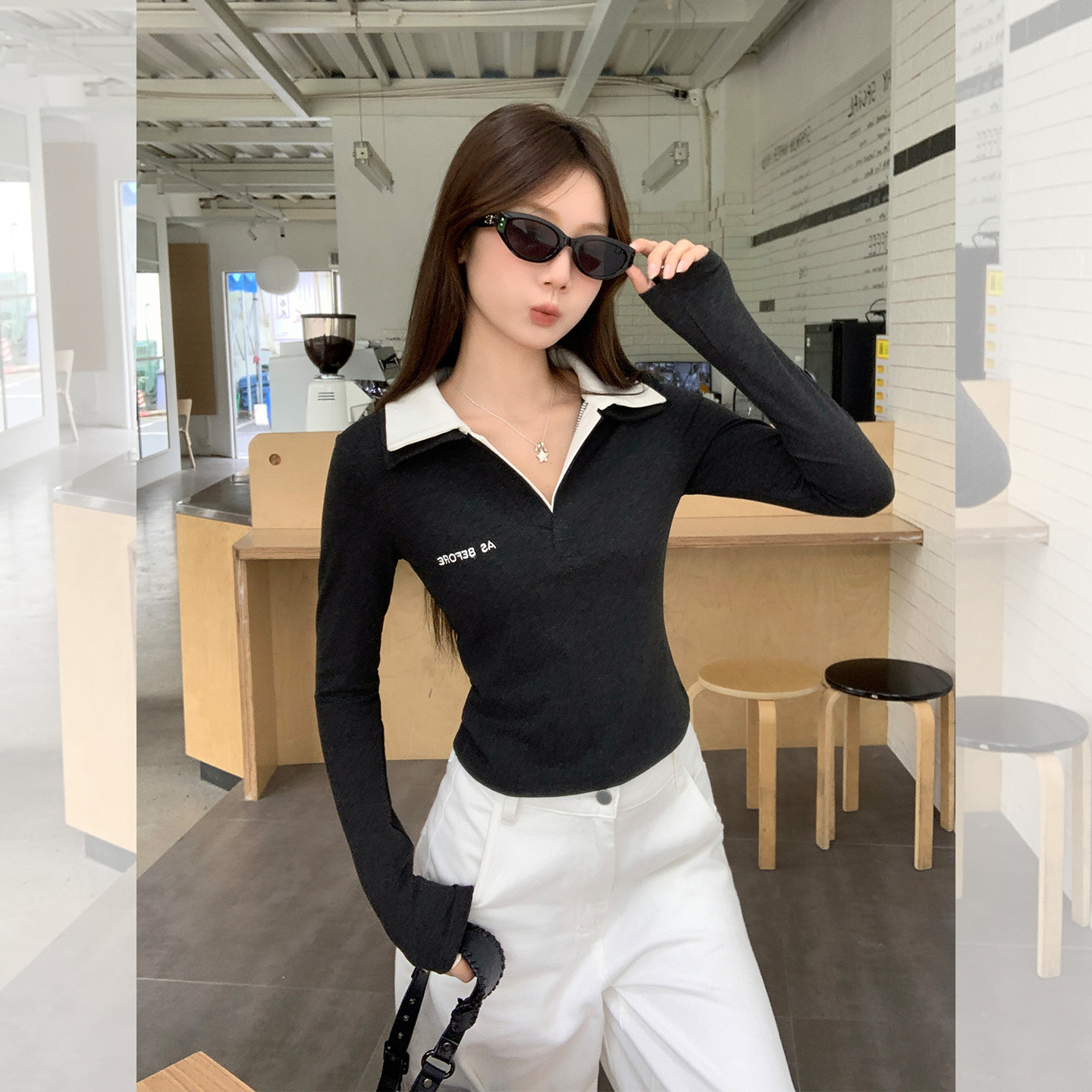 韩系假两件撞色POLO领长