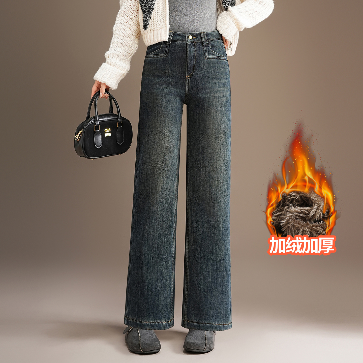 加绒加厚阔腿牛仔裤女202