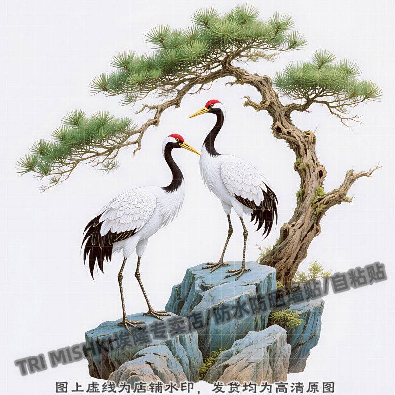 国潮仙鹤松树长寿装饰贴纸冰箱门窗装饰贴纸衣柜墙面划痕贴自粘贴