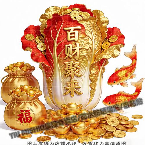 国潮金色白菜百财聚来贴纸客厅背