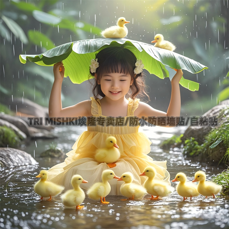 在雨林里玩耍的小姑娘贴纸冰箱门窗贴纸墙面划痕贴纸衣柜防水贴