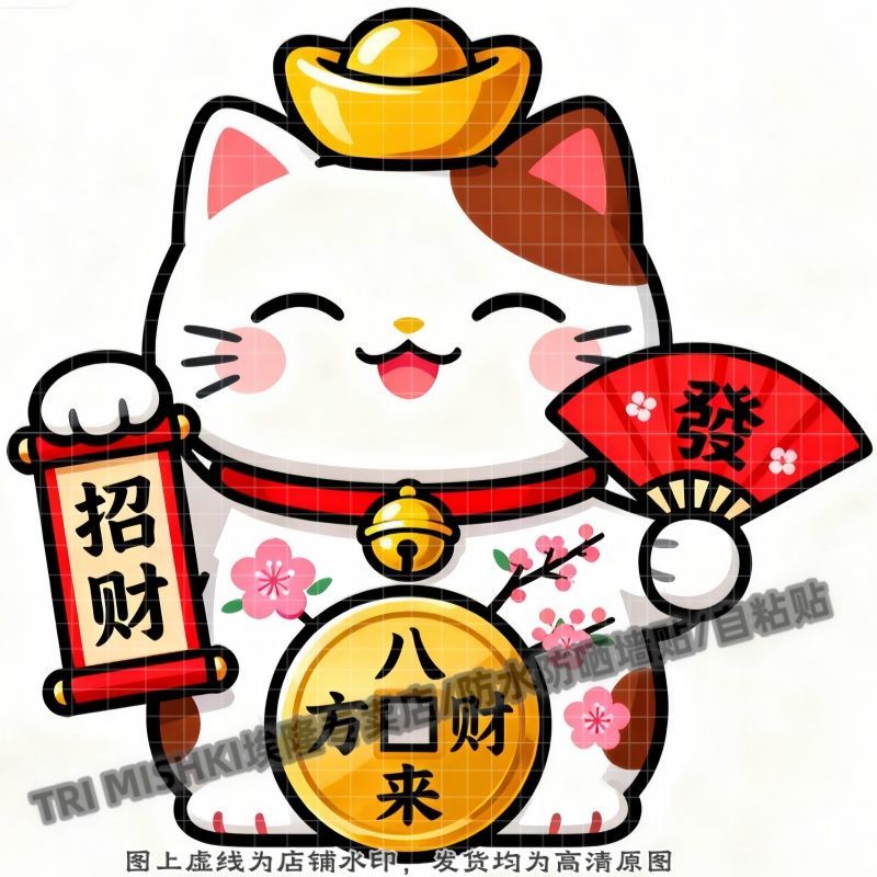 可爱卡通招财猫招财进宝装饰贴纸客厅玄关背景墙防水贴纸冰箱墙面