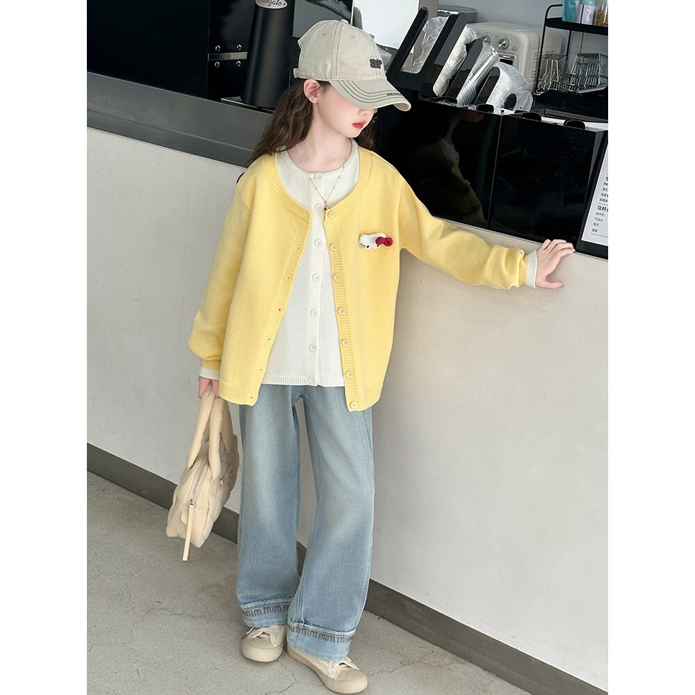 女童卡通毛衣套装2025春新款大童洋气假两件针织衫牛仔裤两件套潮