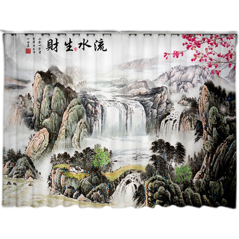 新中式水墨山水风景画办公室窗帘2023新款卧室高级感大气客厅窗纱