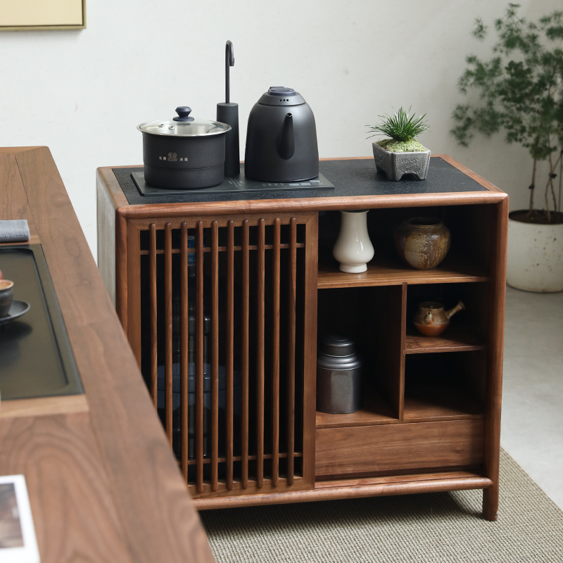 璞木新中式茶水柜实木黑胡桃木白蜡木茶水台下置水桶茶边柜烧水柜