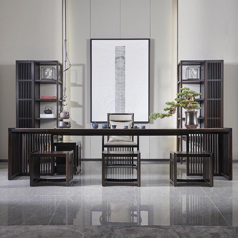 东墅新中式黑檀木功夫茶台茶椅组合高档办公家用一体实木长茶桌P6