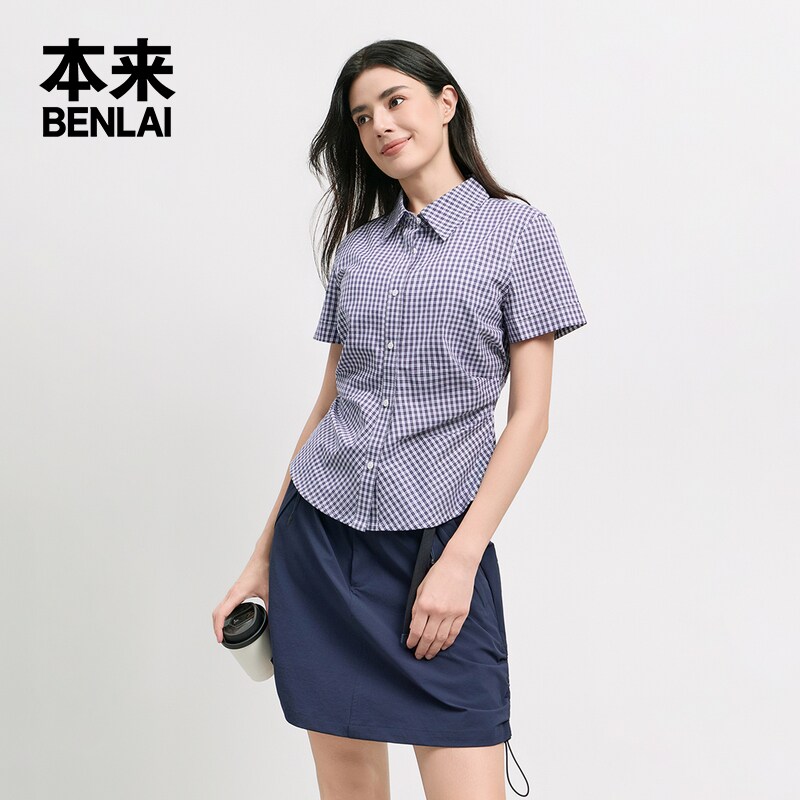 本来国内正品代购BNT260008女士纯棉格纹短袖衬衫短款衬衣秋新