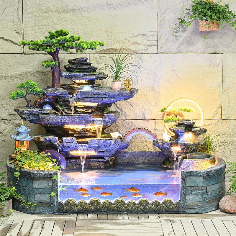 跨境新简约大型假山鱼缸落地流水摆件水幕墙屏风装饰开业招财景观