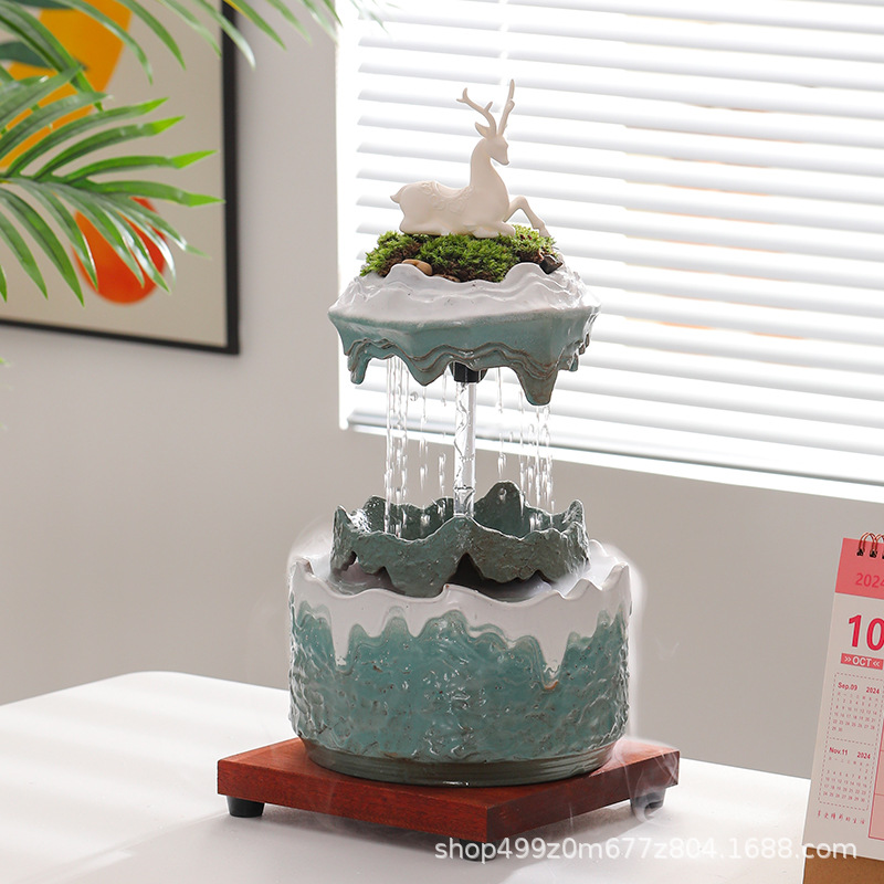 创意陶瓷流水摆件全套工位招财装饰品室内客厅桌面加湿器乔迁礼物