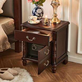 美式全实木床头柜带保险箱一体核桃木原木复古卧室储物床边柜 802