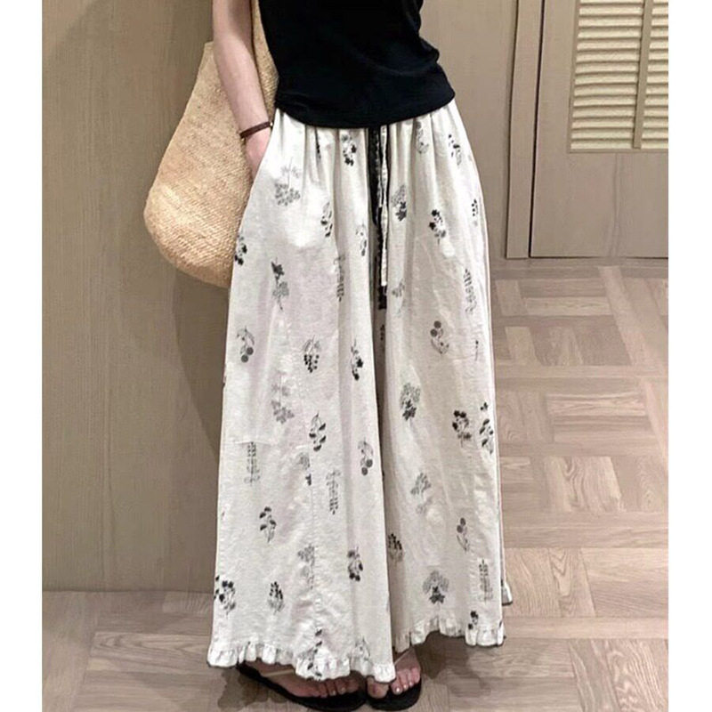 夏季新款减龄木耳边裤子复古棉麻休闲裤民族风印花棉麻阔腿裤女装