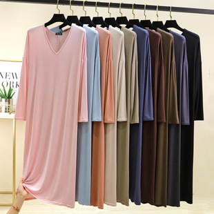 V领长袖莫代尔连衣裙女新款打底裙女士长裙长袖宽松大码睡裙t恤裙
