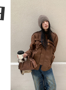 [9hour]个性系带美拉德夹克女 2025冬季麂皮绒外套男女同款m3827