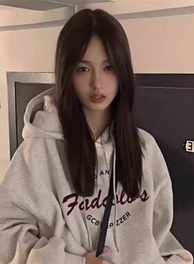 美式字母印花灰色连帽卫衣2024秋冬加绒宽松休闲百搭慵懒风情侣衫