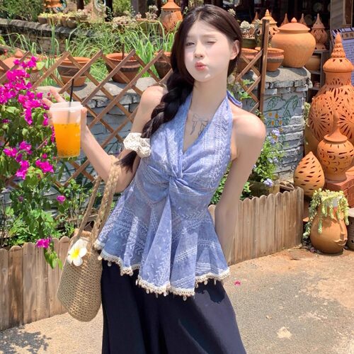 时尚气质设计感扭结挂脖吊带背心