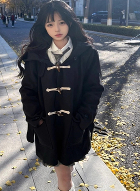 黑色连帽牛角扣毛呢大衣女小个子2025款秋冬季新款加厚呢子外套潮