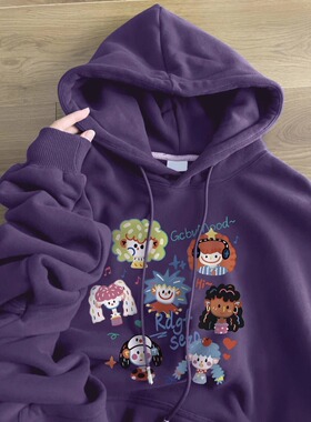 美式长袖连帽卫衣女秋冬新款黑色慵懒风卡通好看高级宽松外套