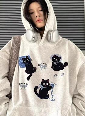 美式卡通猫咪灰色连帽卫衣女2024新款秋冬宽松休闲慵懒百搭情侣衫