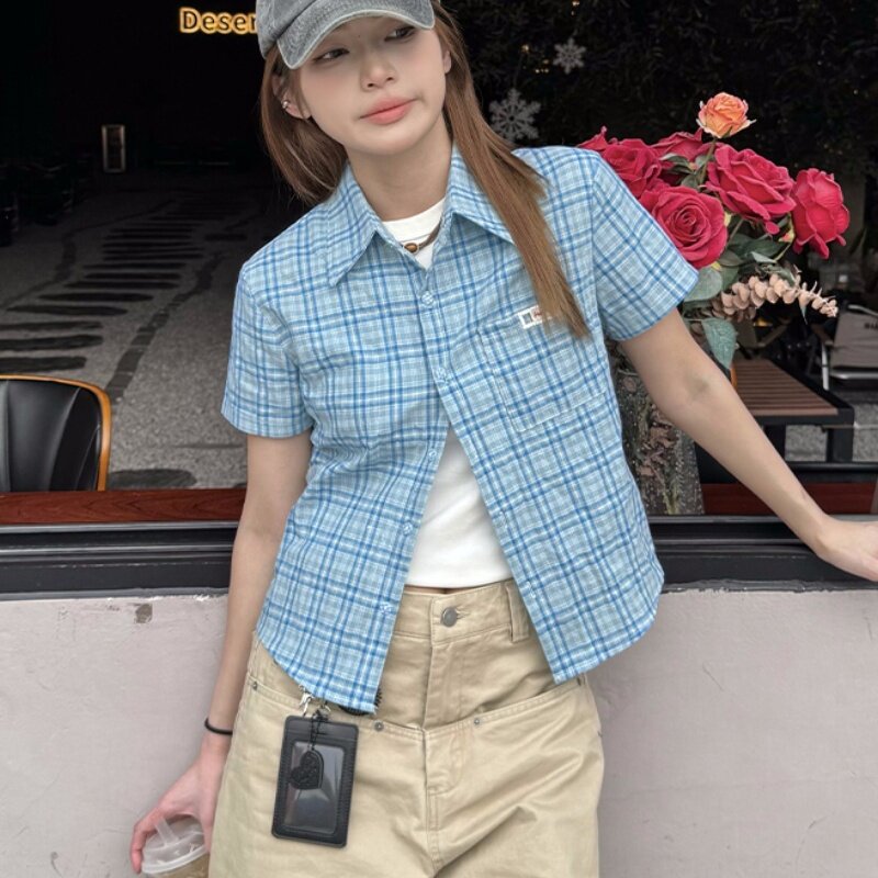 美式复古蓝色短袖格子衬衫女2025夏季新款小众设计感短款正肩衬衣