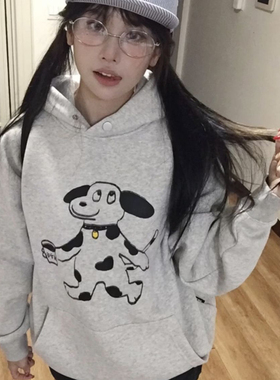 可爱风小狗印花连帽卫衣2025秋冬季女灰色宽松休闲套头百搭女卫衣
