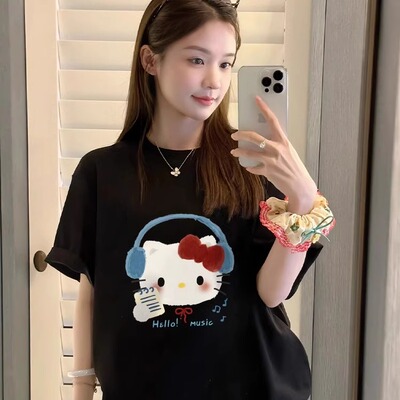 美式甜酷音乐kitty猫纯棉短袖T恤