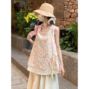 法式小清新碎花刺绣假两件背心女2025夏日设计感系带甜美气质吊带