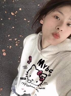 卡通印花灰色连帽卫衣女学生穿搭秋冬宽松百搭休闲趣味慵懒风上衣