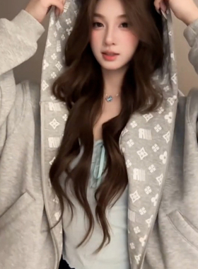 美式复古灰色开衫连帽卫衣外套女早秋季2025新款宽松慵懒拉链上衣