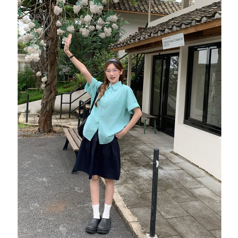 纯棉薄荷绿格纹宽松短袖衬衫女图片