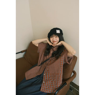 日系复古设计感格纹短袖衬衫女2025夏季新款小众时尚宽松显瘦上衣