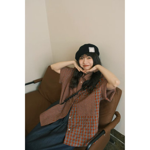日系复古设计感宽松格纹短袖衬衫