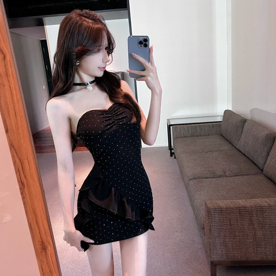 桑拿按摩足浴技师工作服性感抹胸荷叶边褶皱包臀连衣裙 自带胸垫